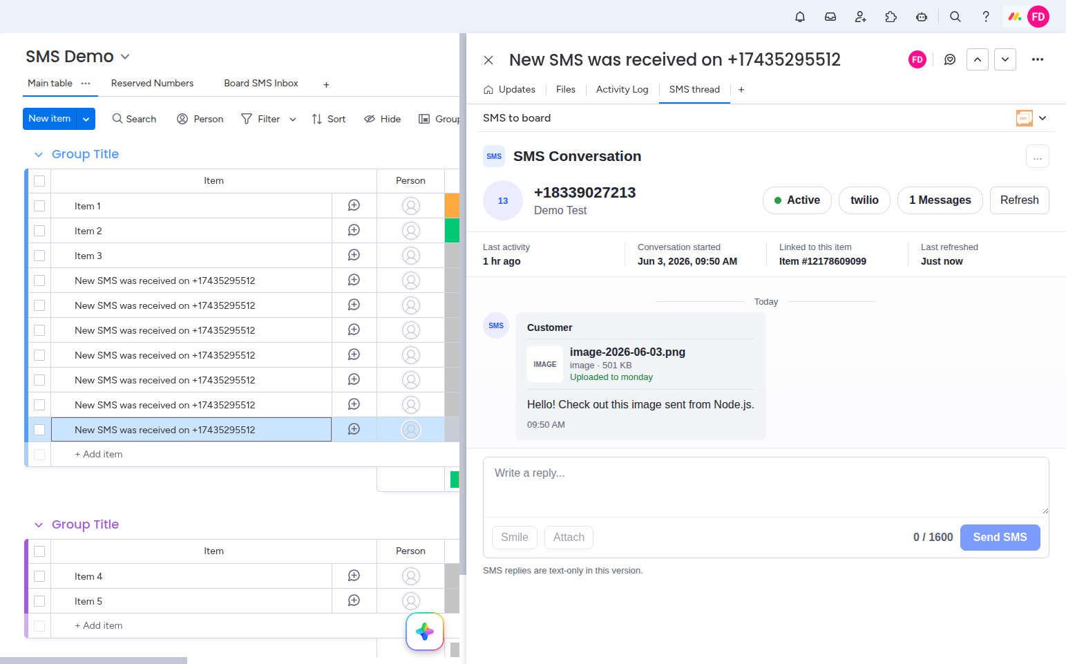 Monday.com item view with SMS thread tab selected, showing conversation history and reply box