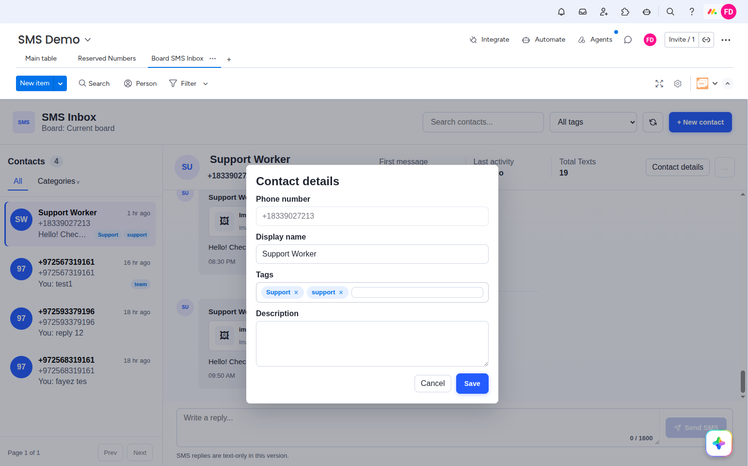 Contact details modal with fields for phone number, display name, tags, and description