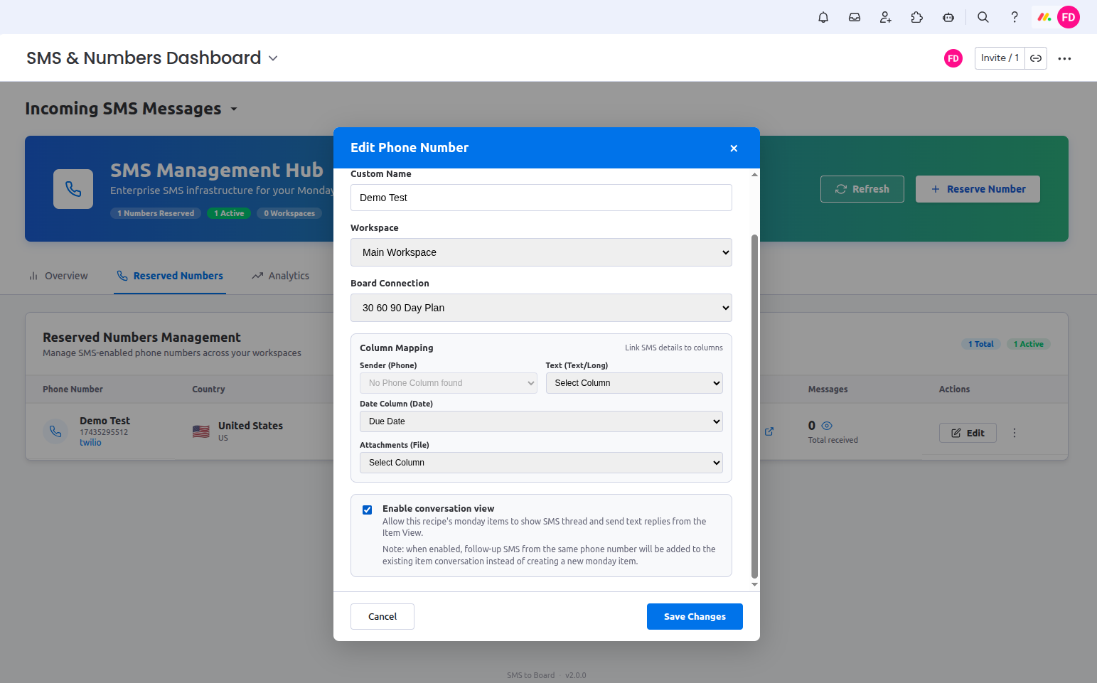 Edit Phone Number modal showing column mapping fields and Enable conversation view checkbox ticked